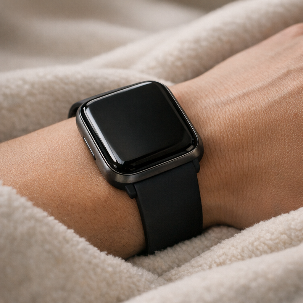 Рука с трекером на пледе в спокойной обстановке