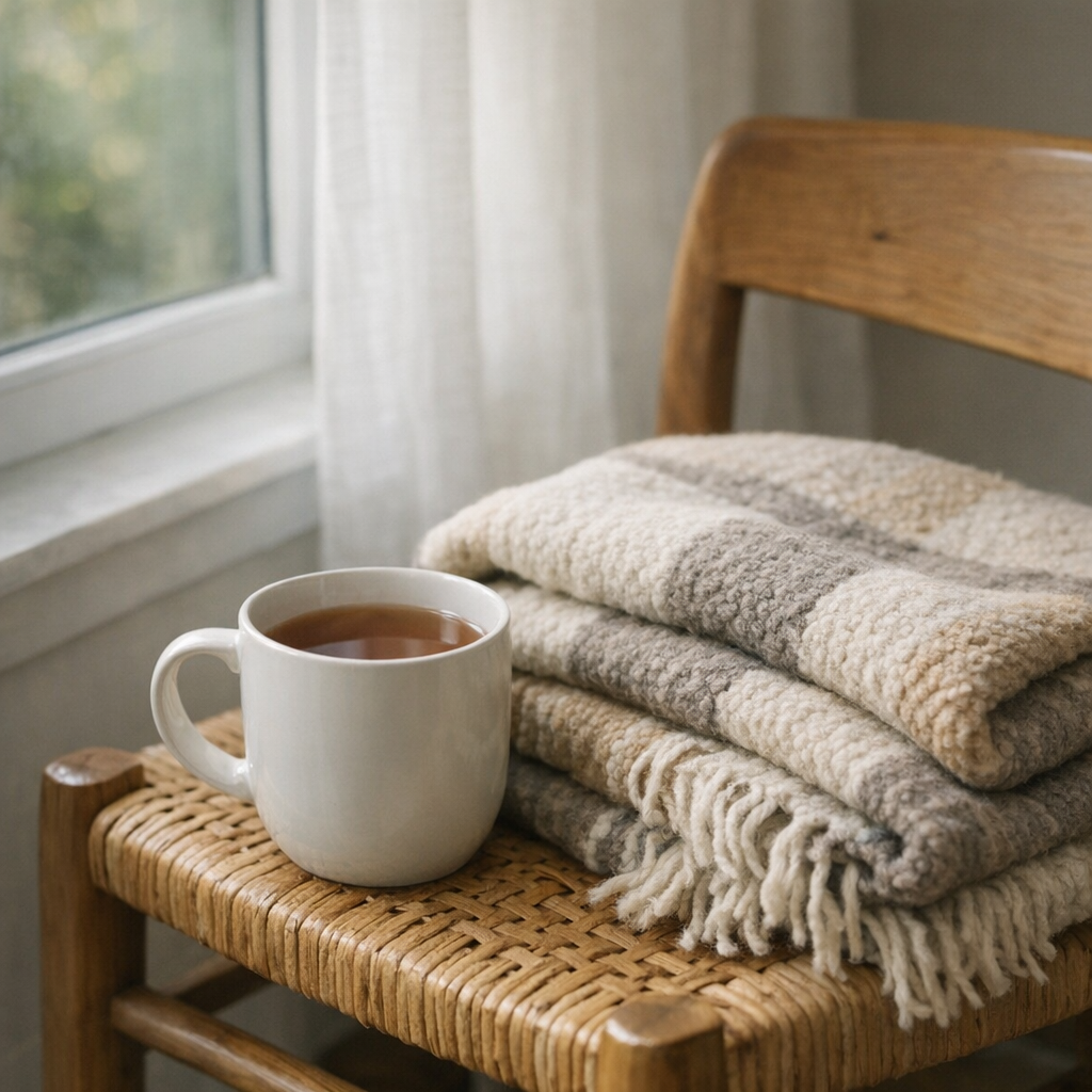 Плед и кружка у окна в спокойном свете