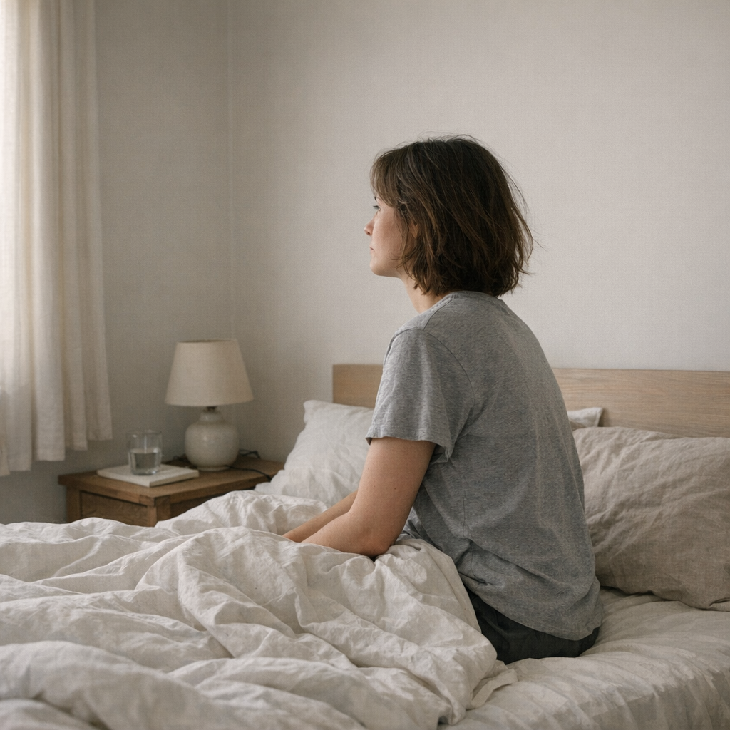 Человек садится на кровати в спокойном утреннем свете