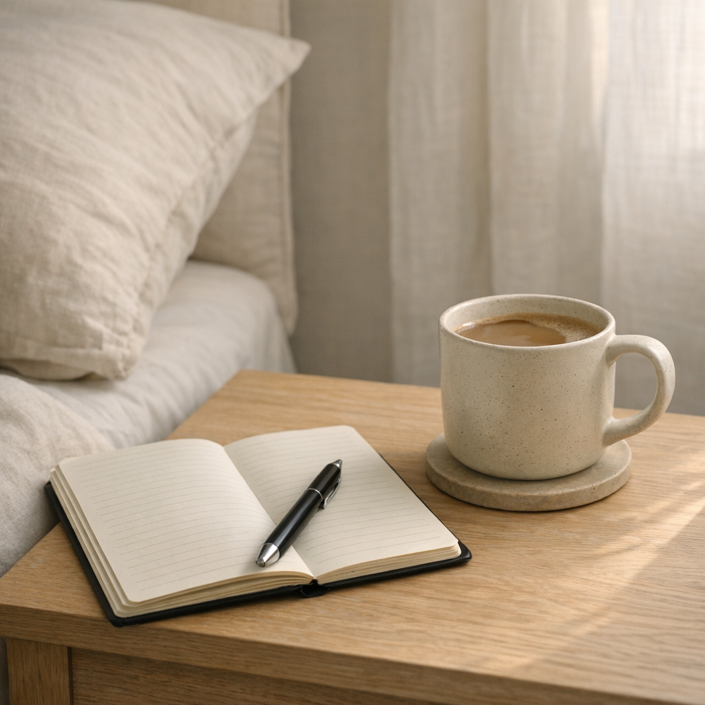 Блокнот, ручка и чашка на прикроватной тумбе в мягком утреннем свете