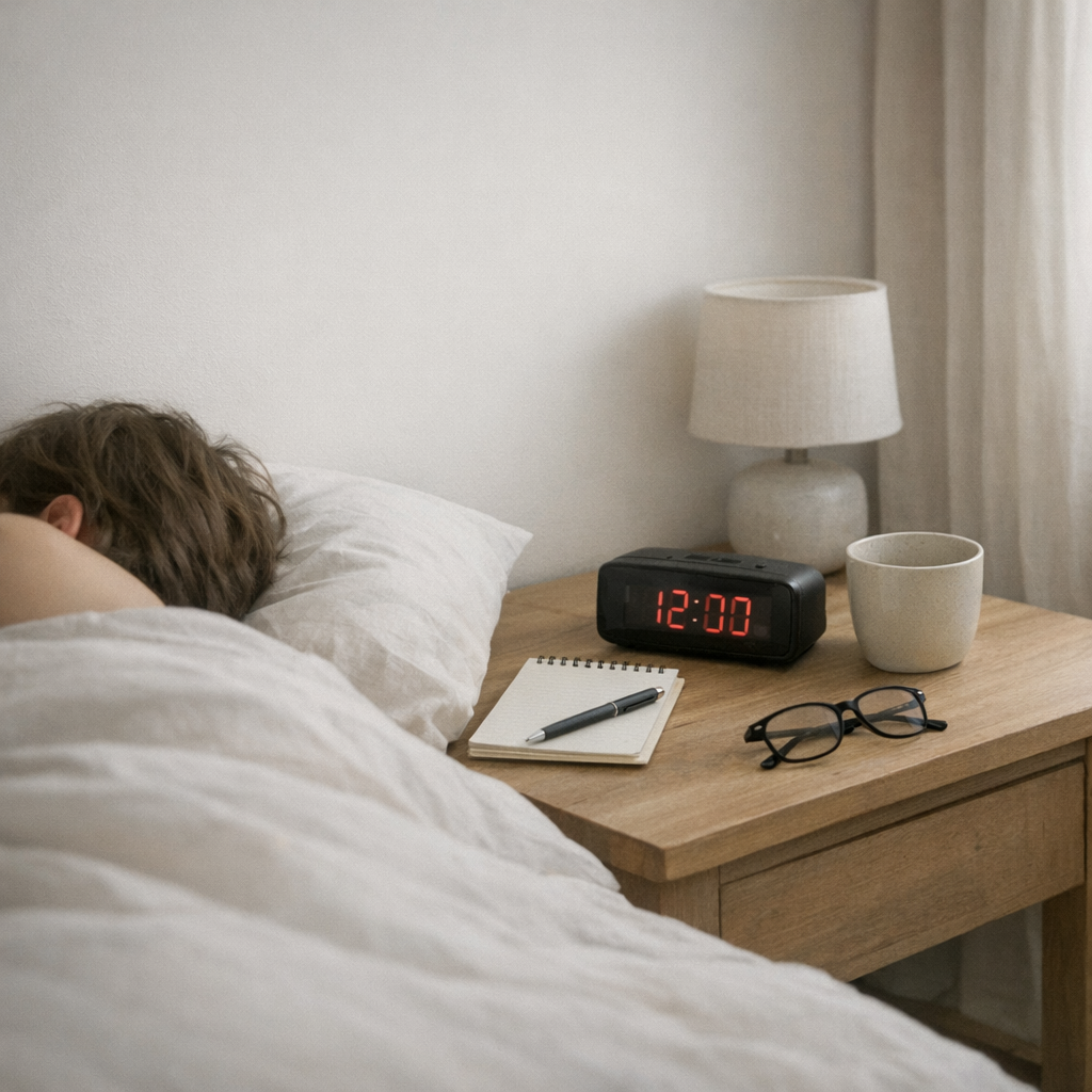 Будильник на тумбочке и утренний свет, символ раннего пробуждения