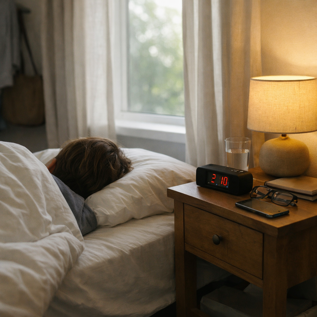 Человек просыпается рано утром в спокойной спальне, мягкий свет из окна