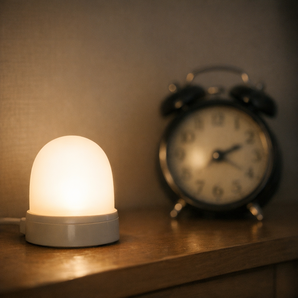 Ночной свет у кровати и часы на тумбе