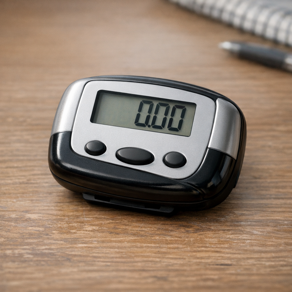 Педометр и кроссовки на столе