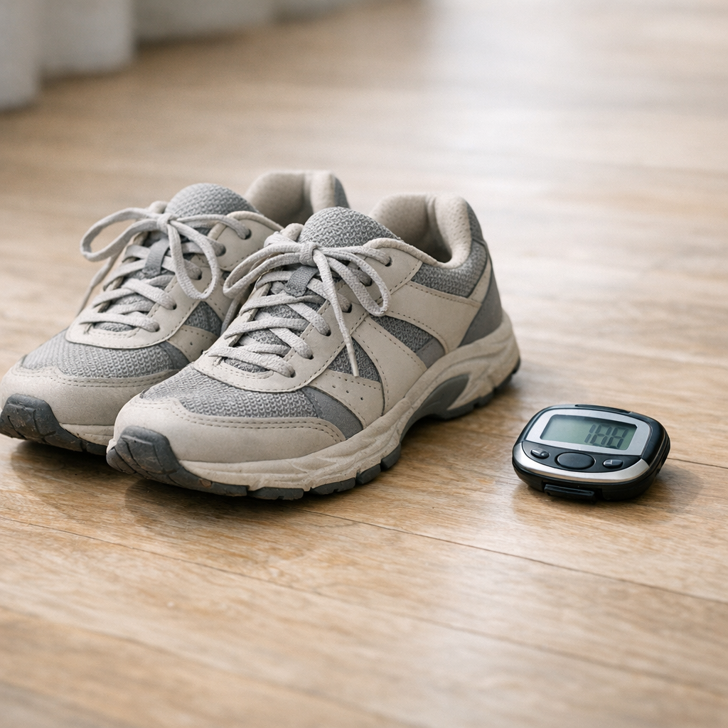 Педометр и кроссовки на столе