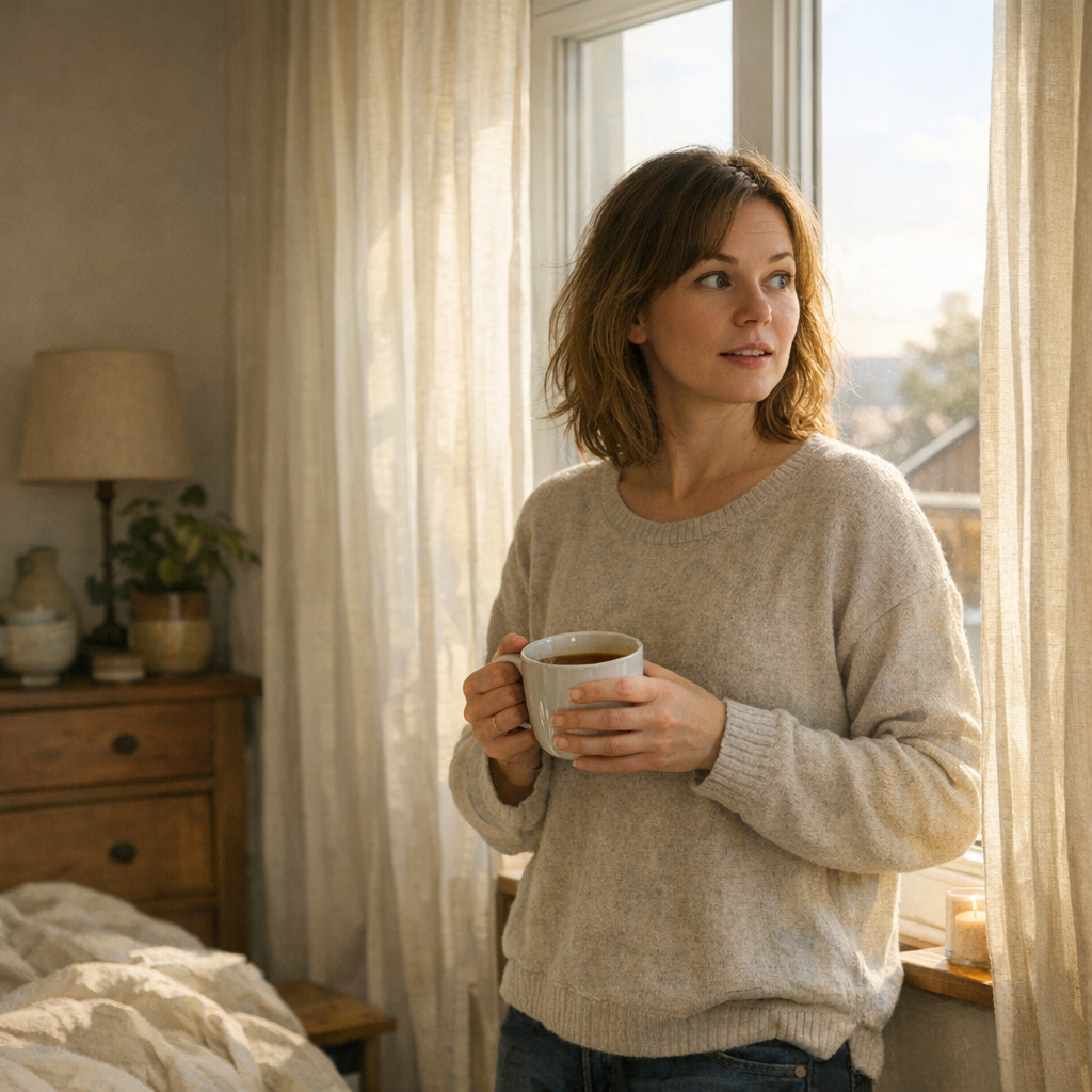 Человек с кружкой чая смотрит в окно утром и выглядит бодрым
