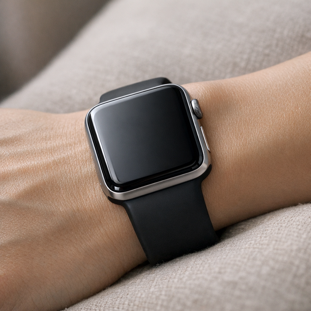 Рука с трекером на подушке в спокойной обстановке