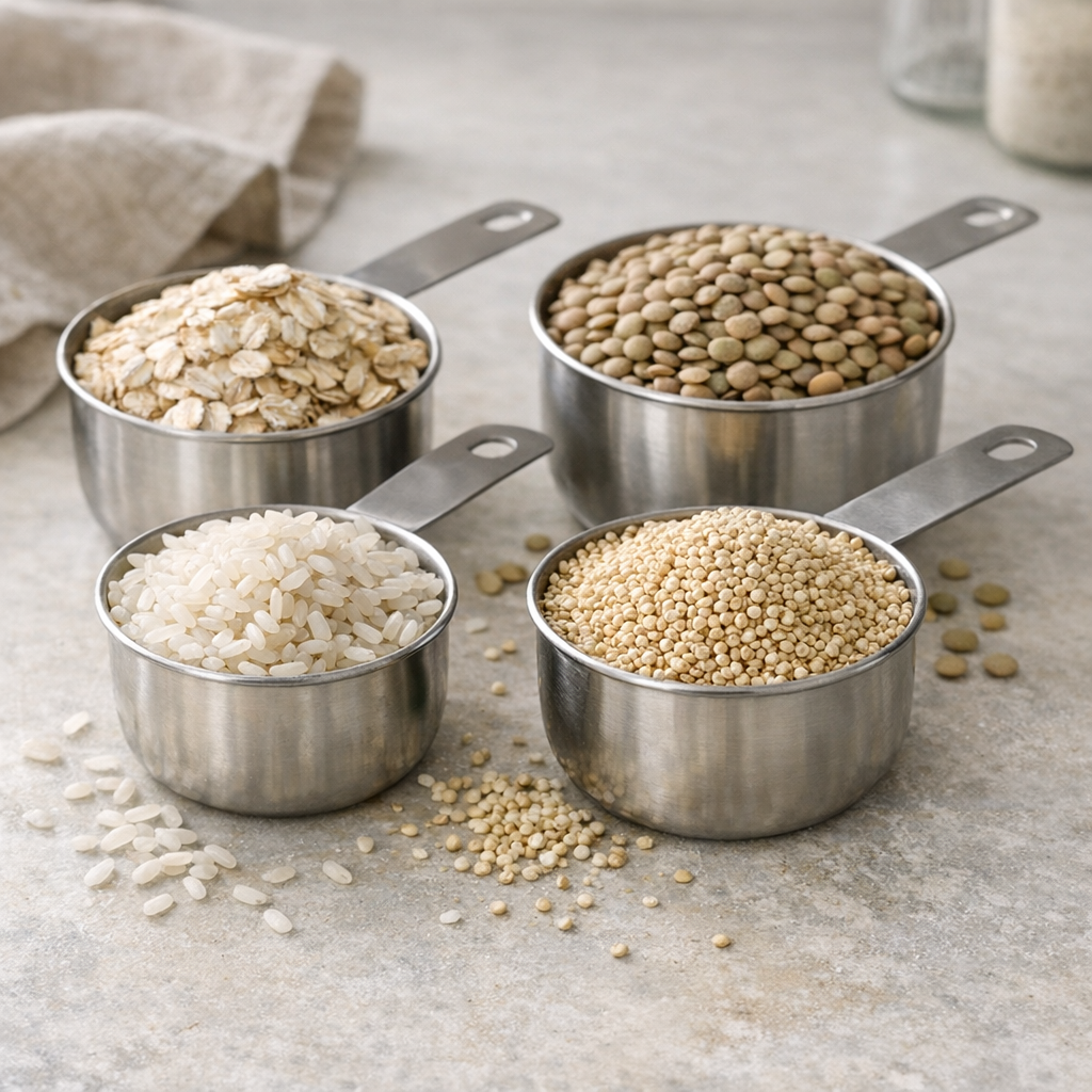 Мерные чашки с крупой на столе