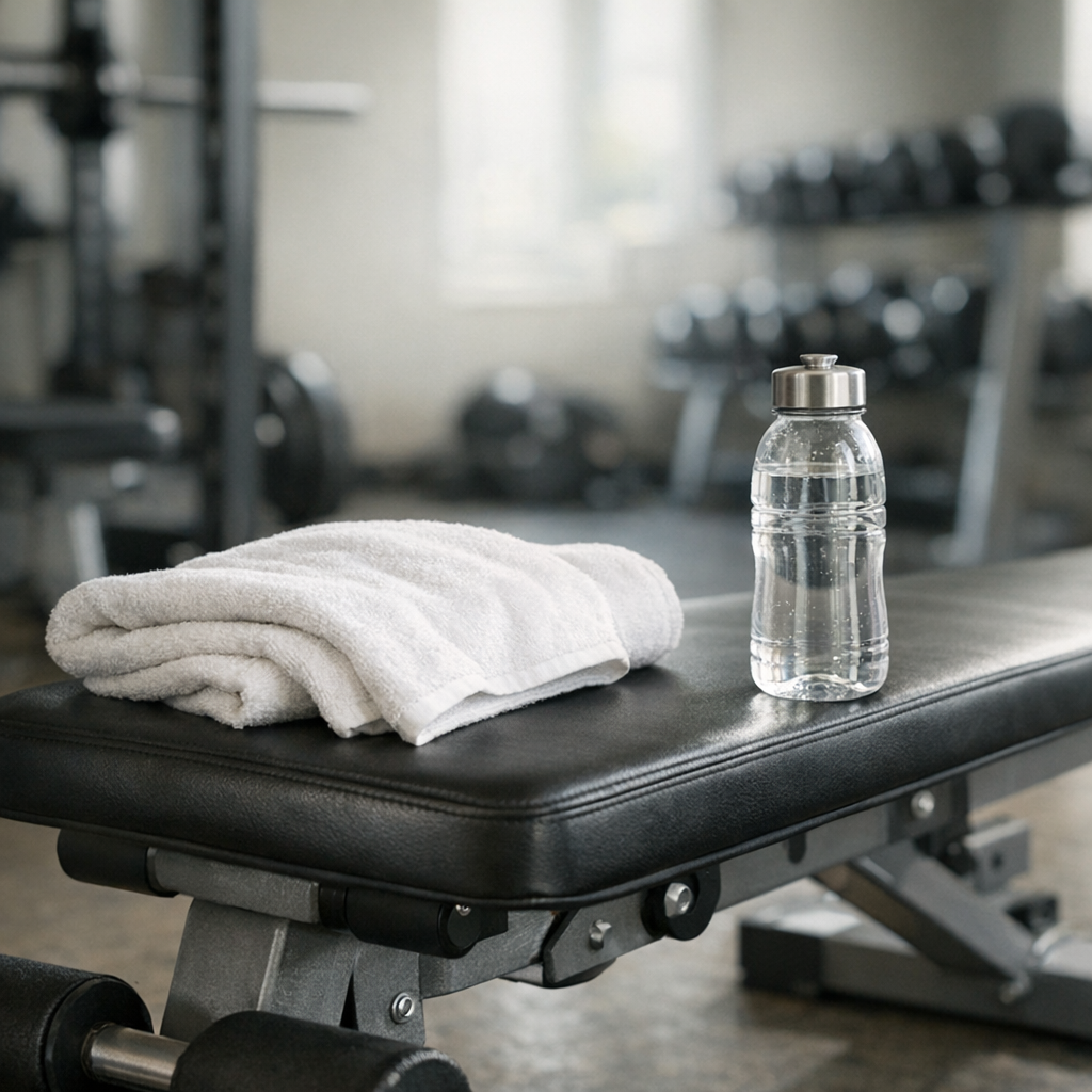 Полотенце и бутылка воды в зале