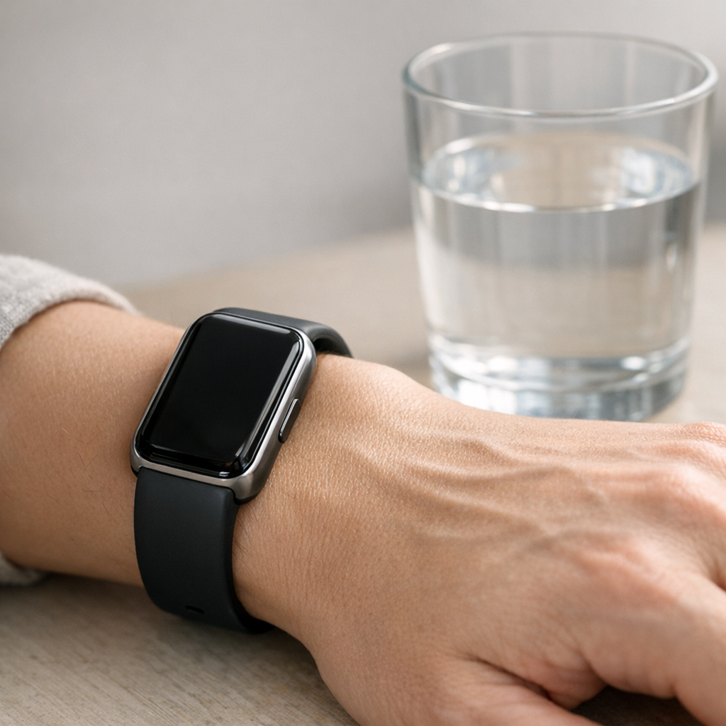 Рука с трекером рядом со стаканом воды