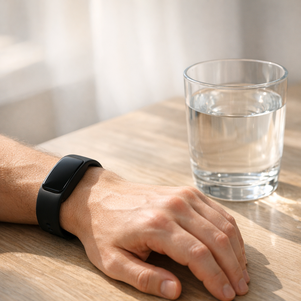Рука с трекером рядом со стаканом воды