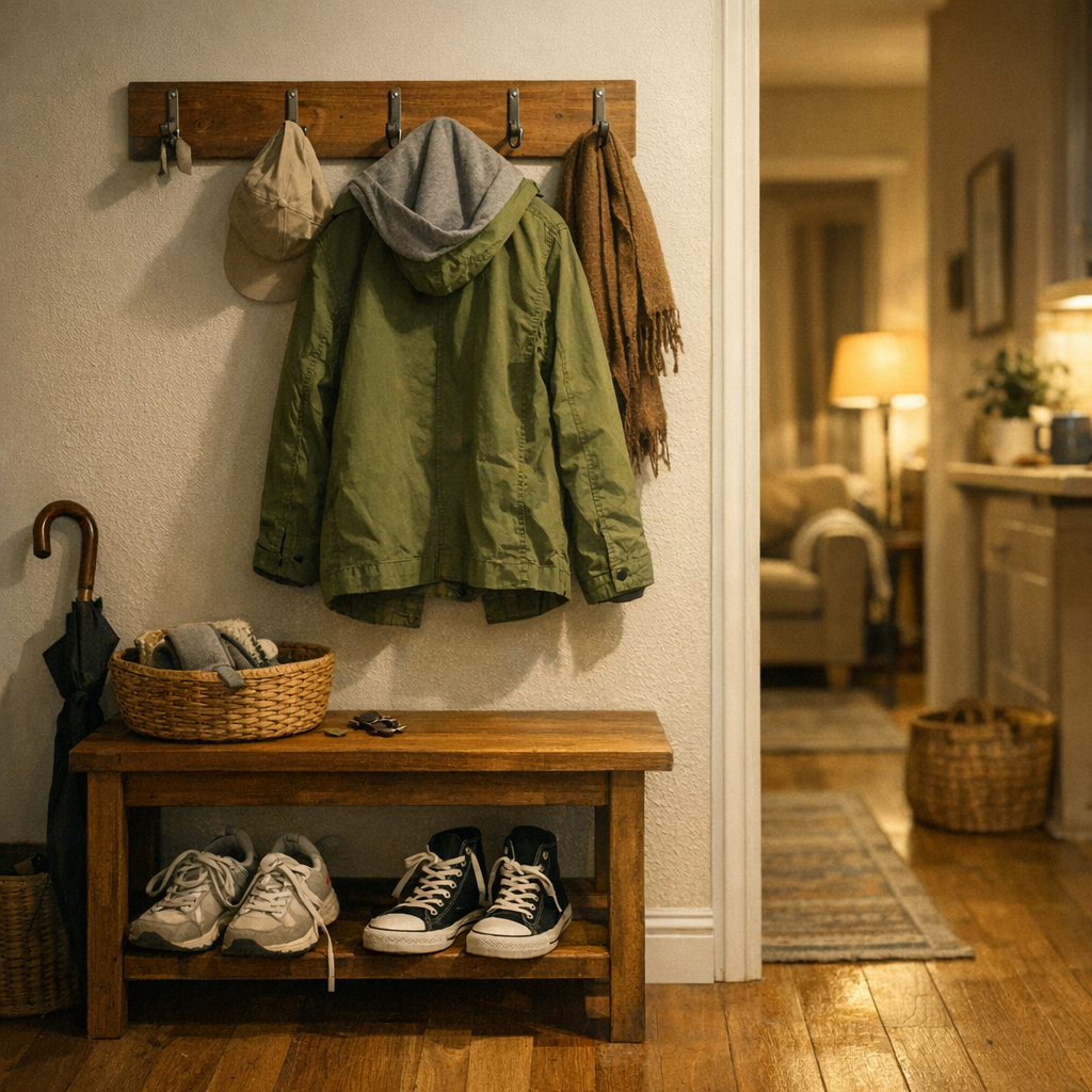 Домашняя прихожая с курткой и обувью в спокойном свете