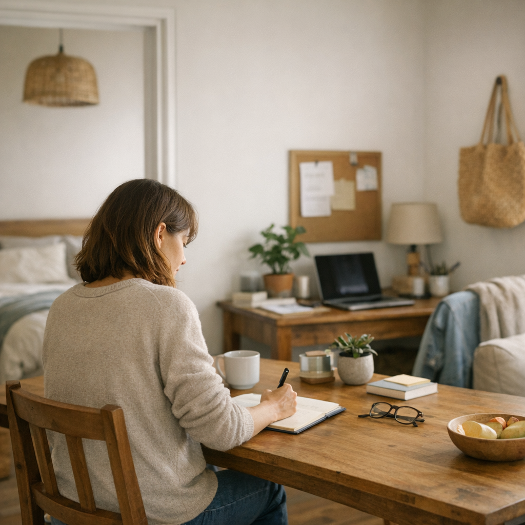 A calm morning desk scene with a notebook, coffee, and soft light suggesting a gentle return to routine.