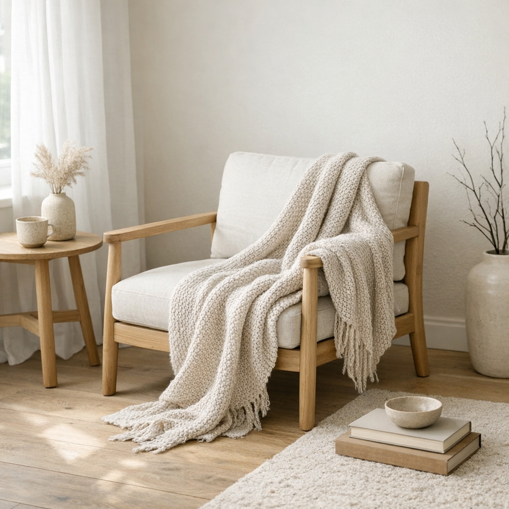 Светлый день, кресло и плед в спокойной комнате