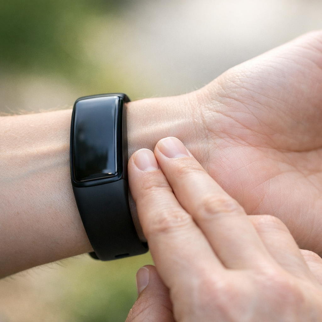 Рука с фитнес трекером, пальцы касаются пульса