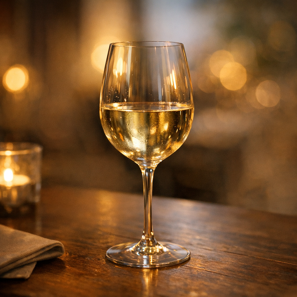 Бокал на столе в мягком вечернем свете