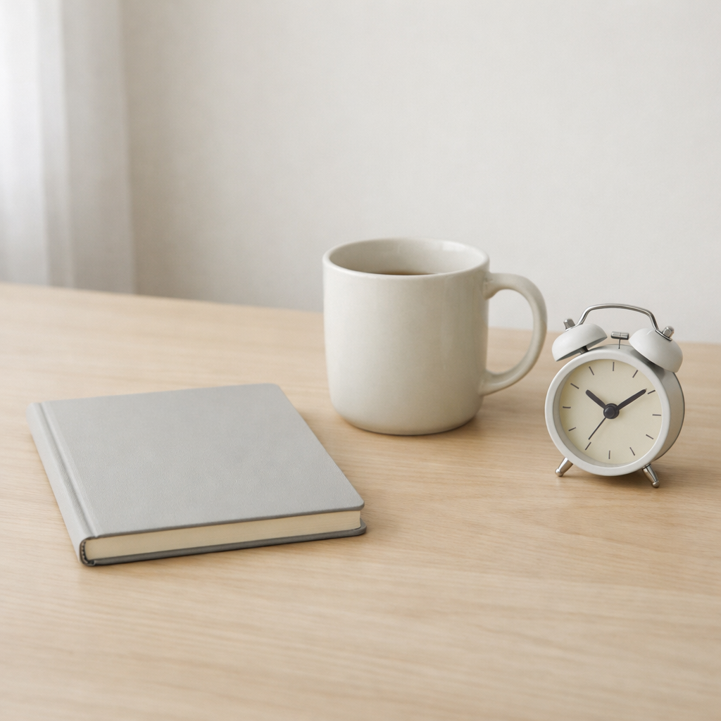 Кружка, блокнот и будильник на столе в мягком дневном свете