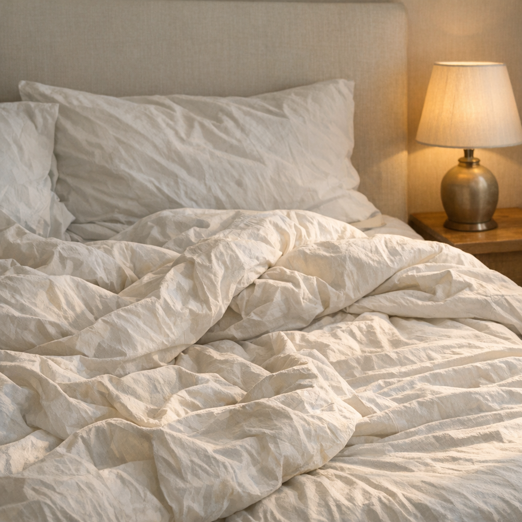 Человек сидит на краю кровати утром, мягкий свет