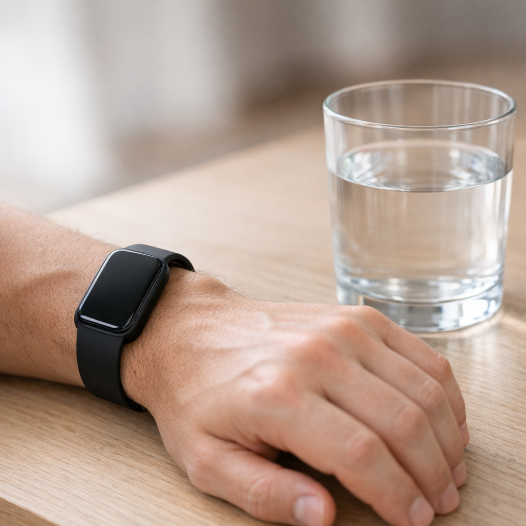 Рука с трекером на столе рядом с чашкой воды