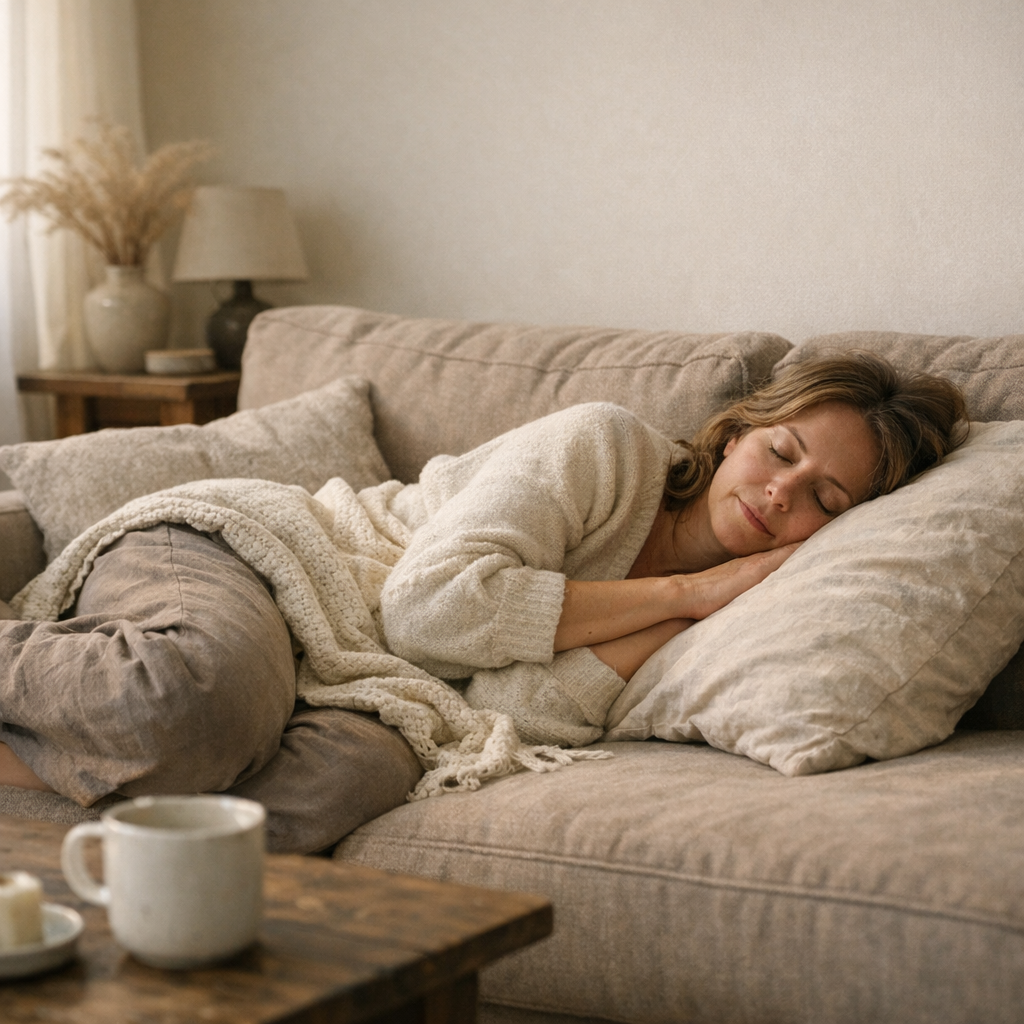 Человек отдыхает на диване в мягком утреннем свете