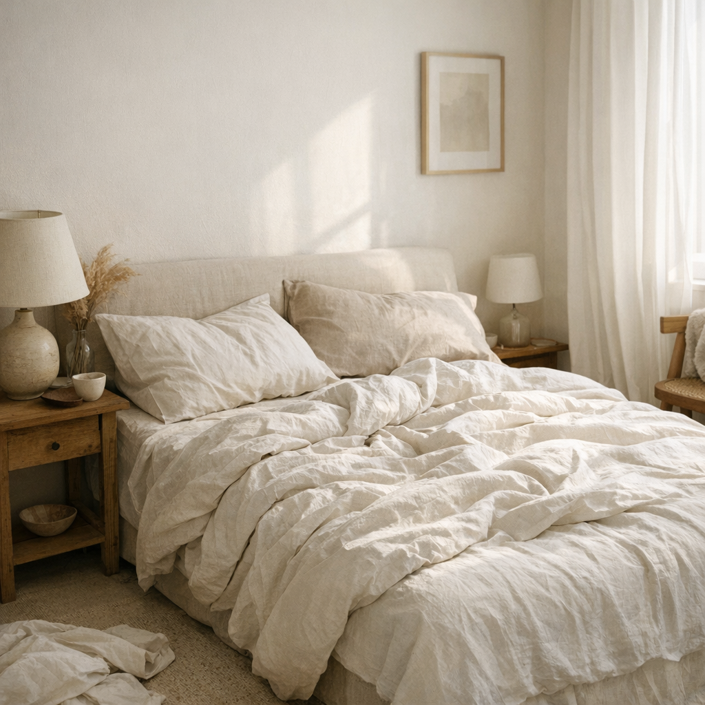 Спальня в мягком утреннем свете, спокойная атмосфера