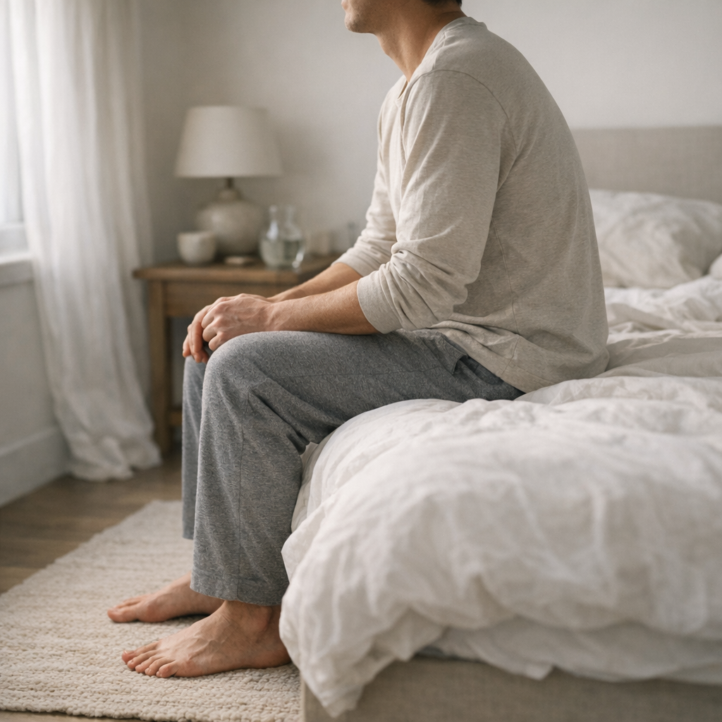 Человек просыпается и смотрит в окно в мягком утреннем свете