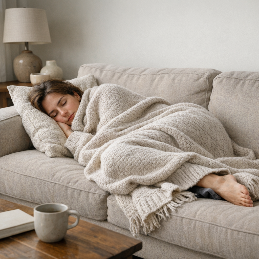 Человек отдыхает на диване с пледом