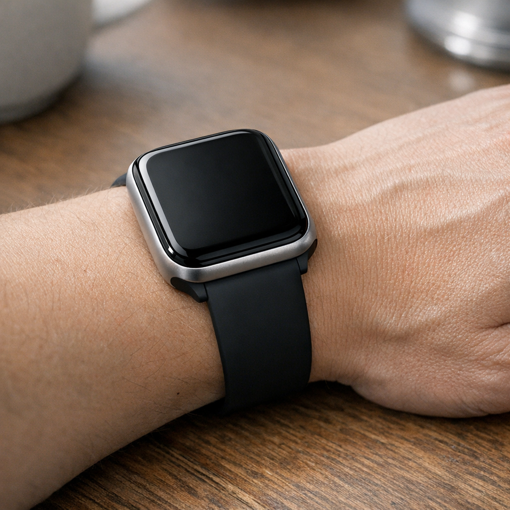 Рука с трекером на столе в спокойной обстановке