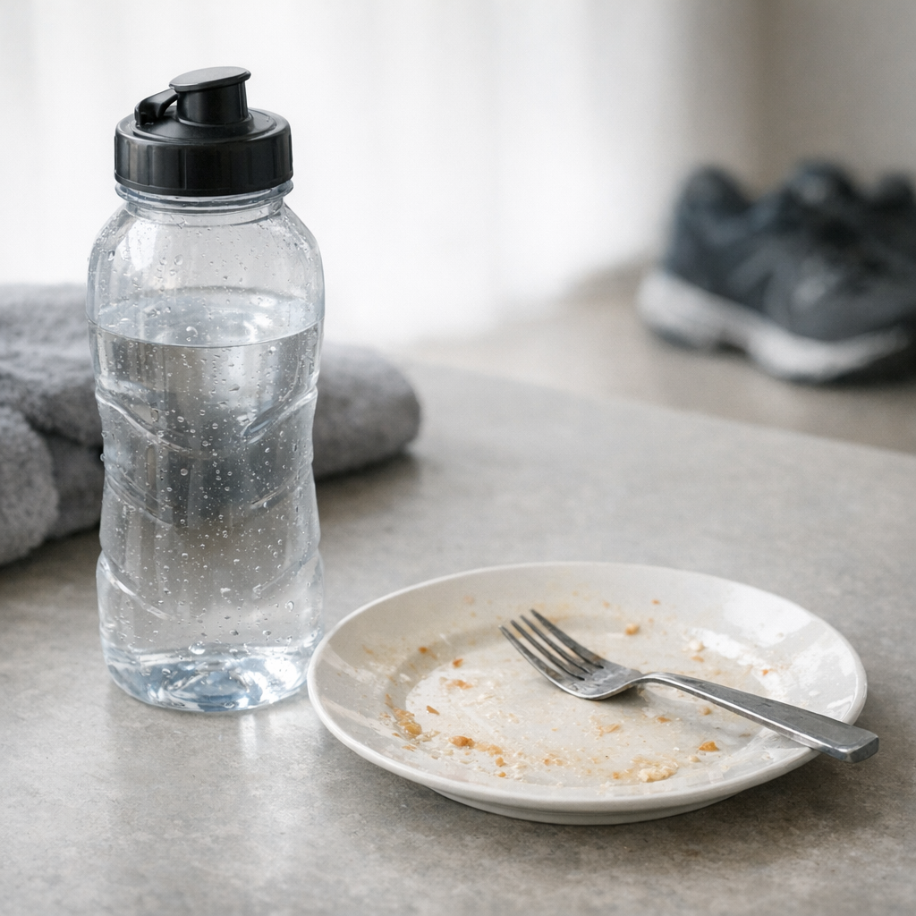 Пустая тарелка и бутылка воды на столе