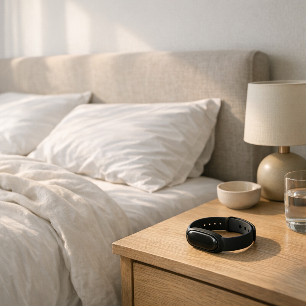 A neat bed and a tracker on a bedside table