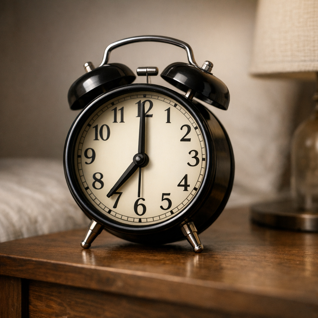 Будильник на тумбе в утреннем свете