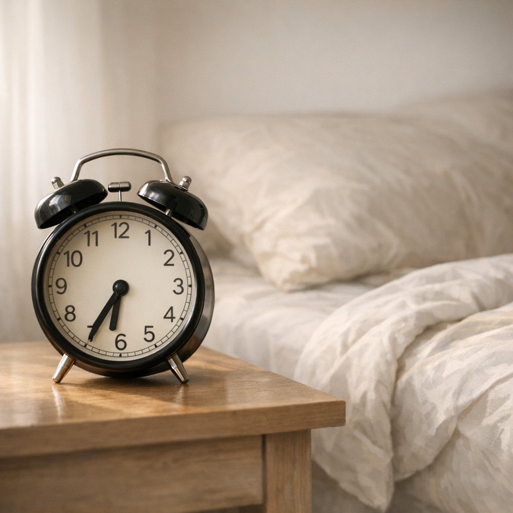 Будильник на тумбе в утреннем свете