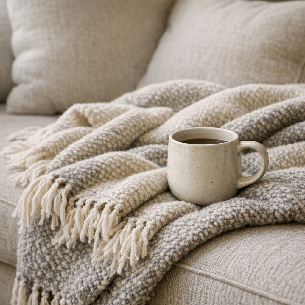 Диван и плед в спокойной гостиной