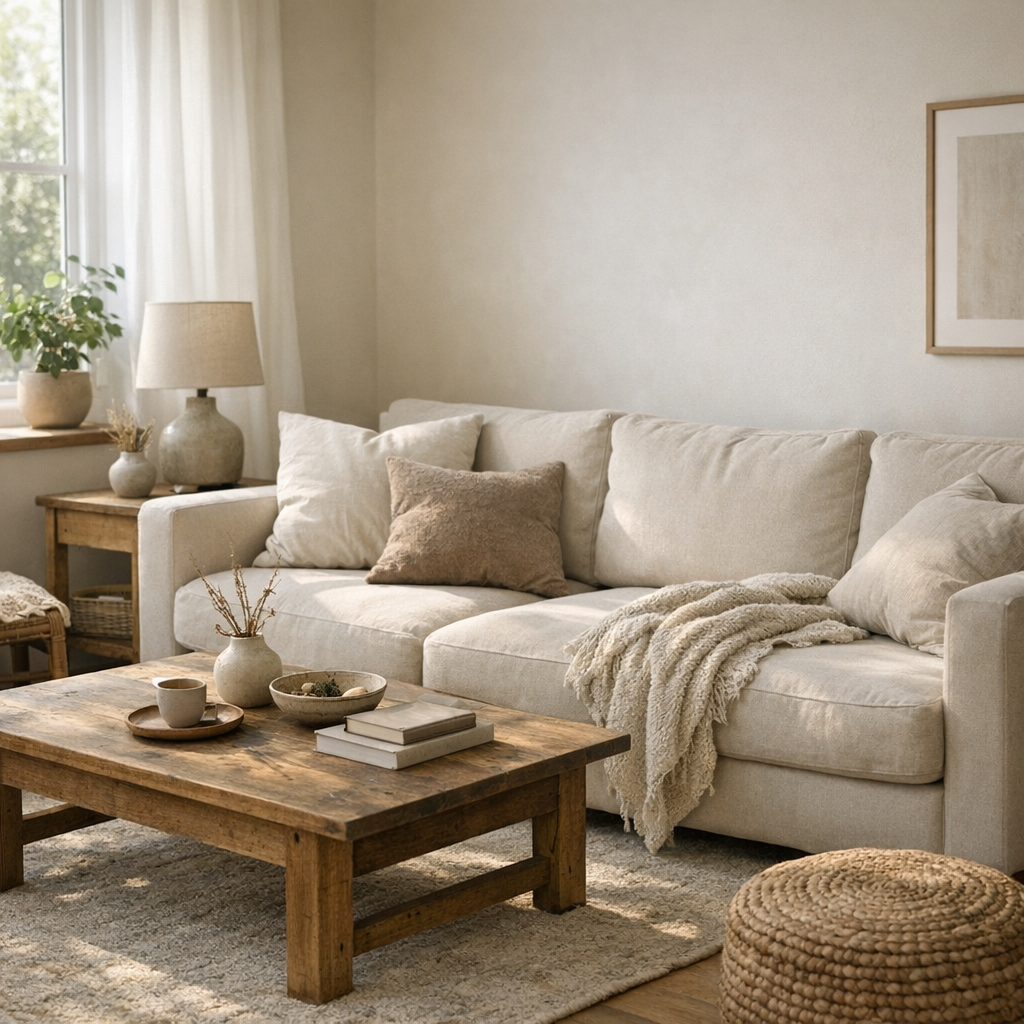 Диван и плед в спокойной гостиной