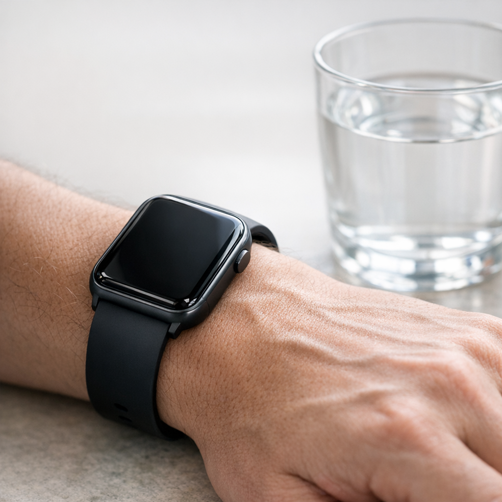 Рука с трекером рядом со стаканом воды